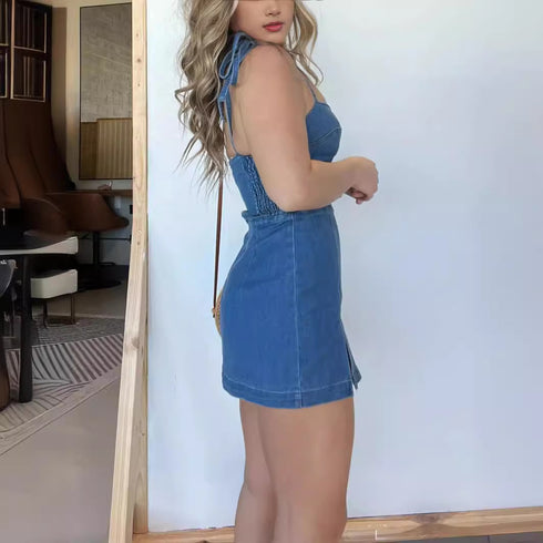 Women's Square Neck Suspender Split Denim Dress